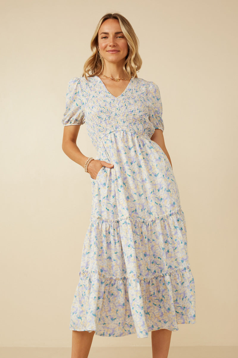 Womens V Neck Floral Smocked Dress
