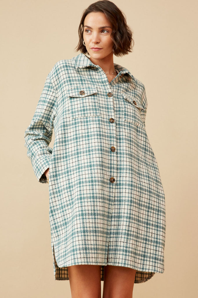 HY6594 MINT Womens Front Pocket Long Line Flannel Shirt Jacket Front