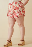 HY6769W Red Plus Textured Floral Print Ruffle Detailed Shorts Side