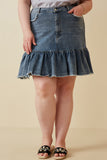 HY6791W Denim Plus Distressed High Waist Drop Hem Denim Skirt Front