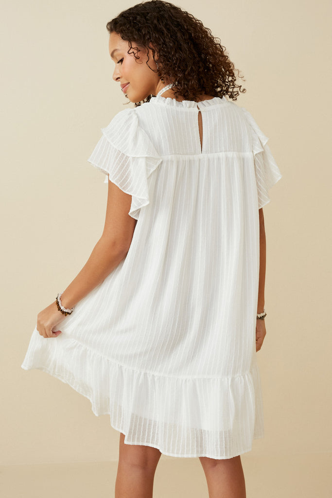 HY6803 OFF WHITE Womens Texture Striped Ruffle Sleeve V Neck Dress Back