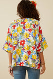 HY6990 Yellow Mix Womens Vivid Floral Contrast Stitch Linen Blend Kimono Back