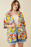 HY6990W Yellow Mix Plus Vivid Floral Contrast Stitch Linen Blend Kimono Front
