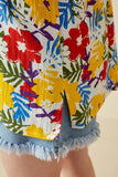 HY6990W Yellow Mix Plus Vivid Floral Contrast Stitch Linen Blend Kimono Side