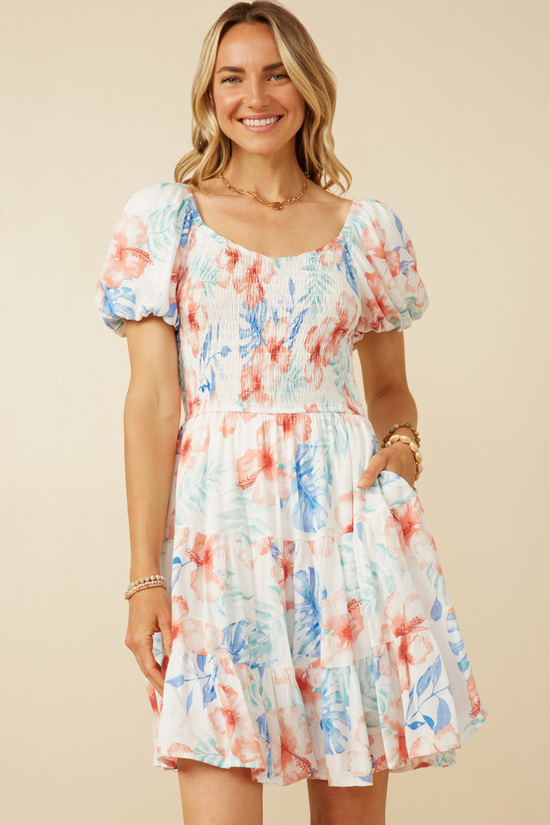 Womens Romantic Floral Smocked Puff Sleeve Dress