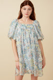 HY7346 Sage Womens Floral Organza Puff Sleeve Dress Front 2