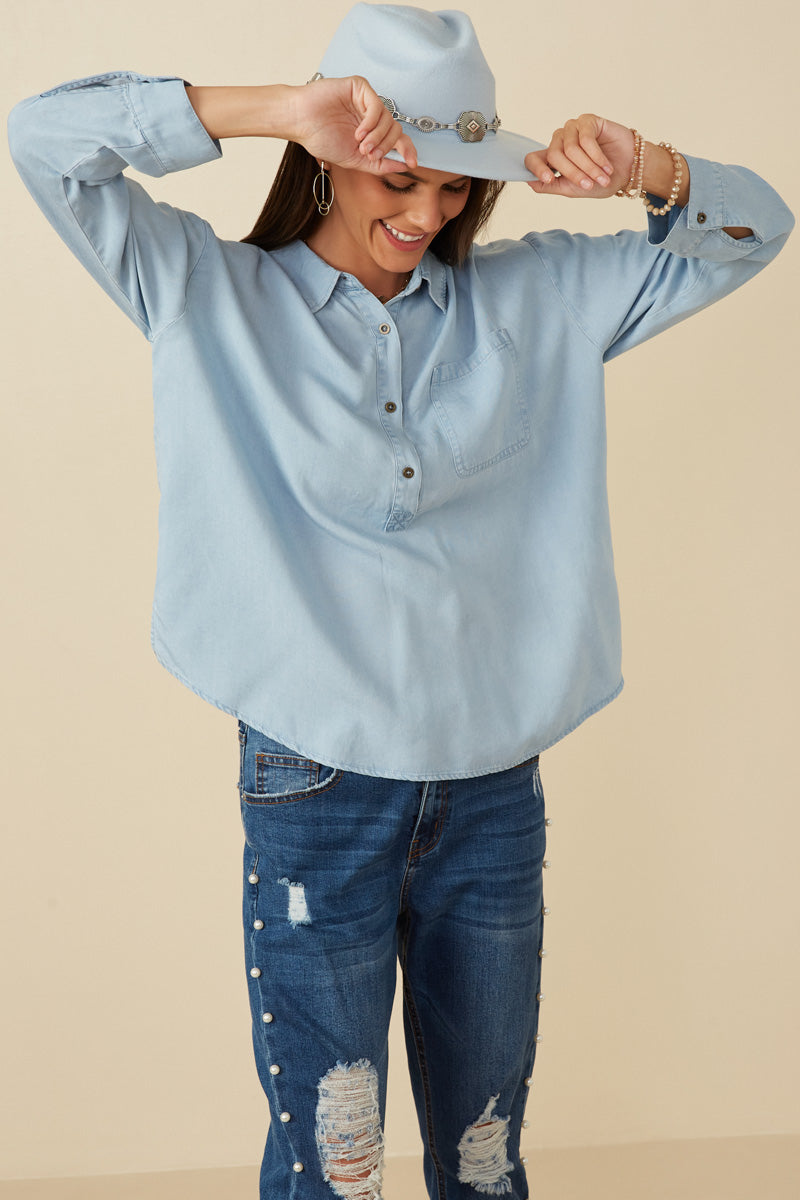 HY7594 Light Denim Womens Long Sleeve Chest Pocket Tencel Polo Shirt Pose