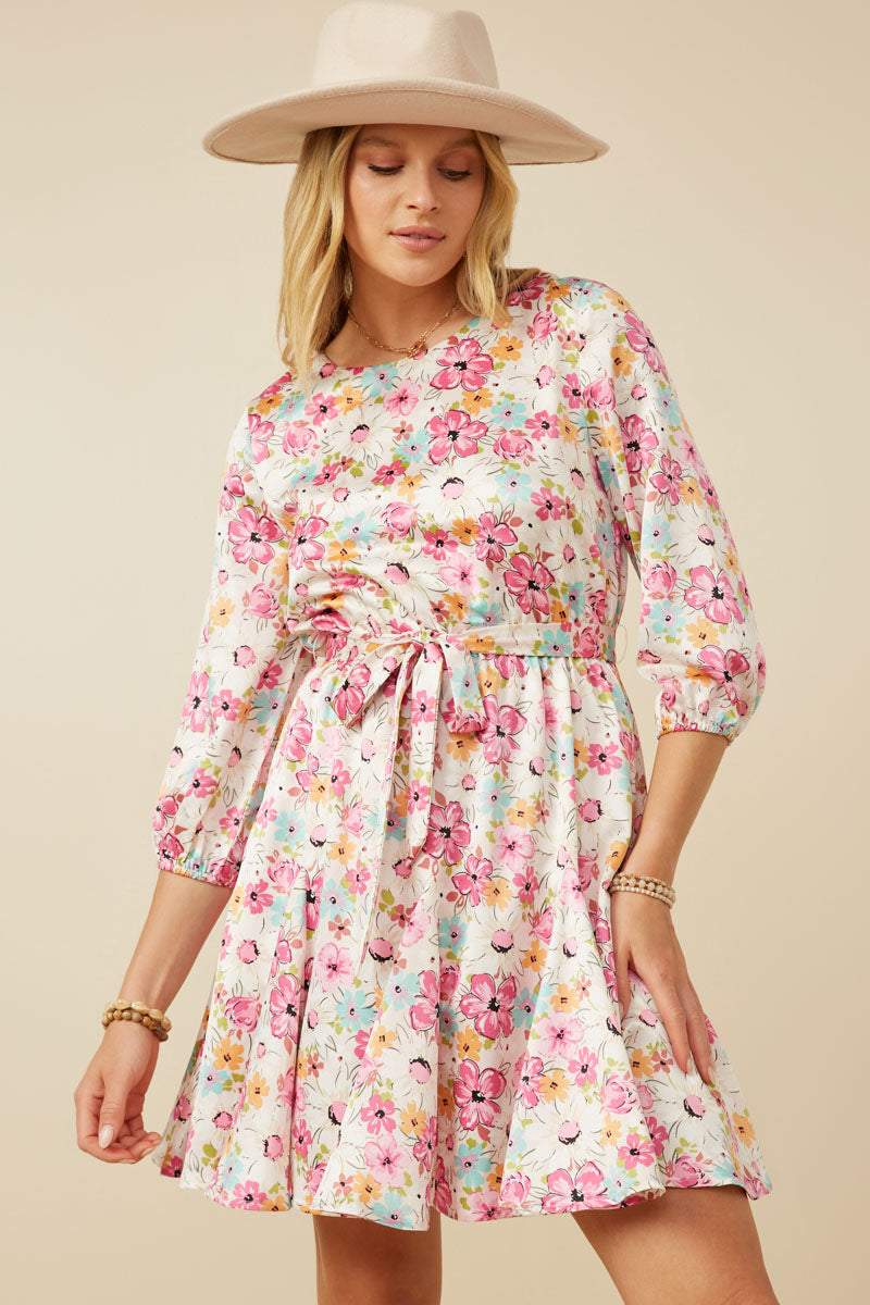 Womens Floral Belted Flare Dress