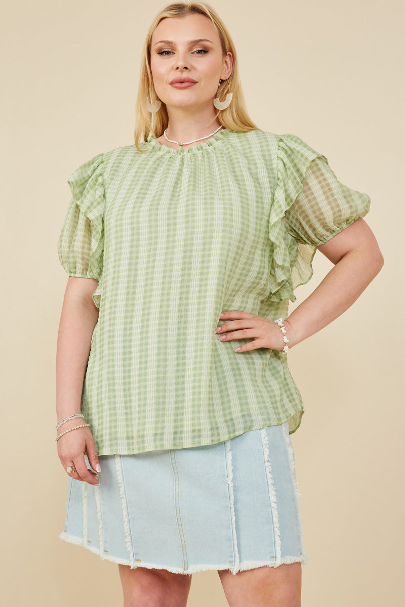 HY8318W Sage Womens Ruffle Shoulder Puffed Checker Textured Top Front