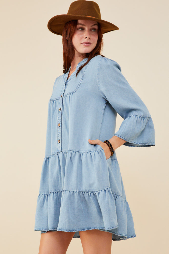 HY9054 Light Denim Womens Washed Button Detail Ruffle Sleeve Tencel Dress Side