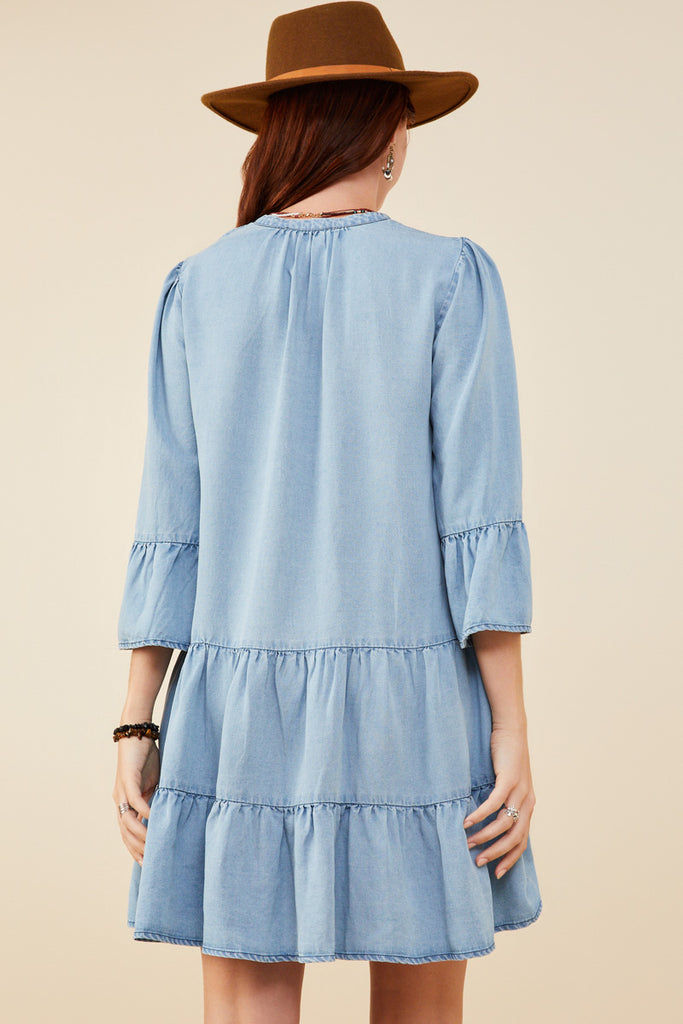 HY9054 Light Denim Womens Washed Button Detail Ruffle Sleeve Tencel Dress Back