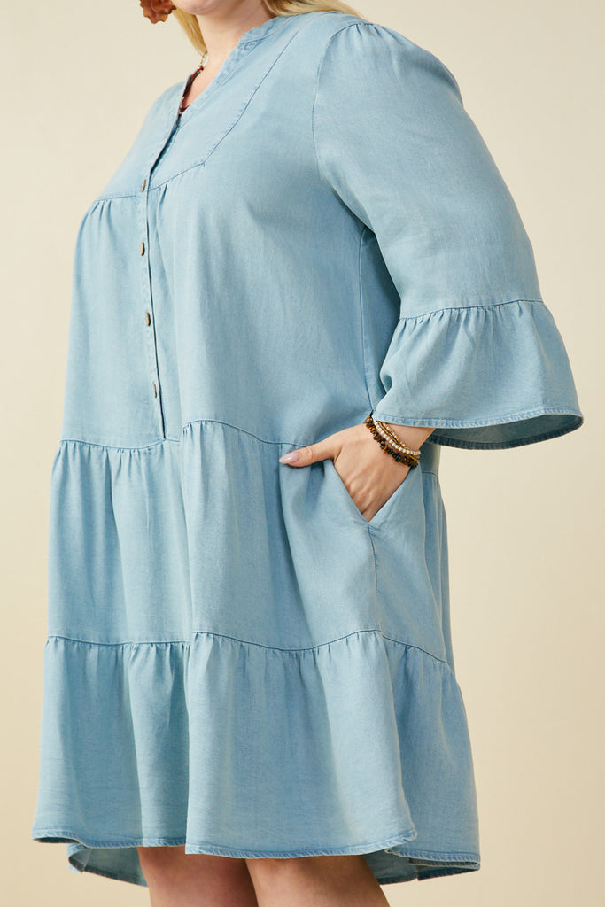HY9054W Light Denim Plus Washed Button Detail Ruffle Sleeve Tencel Dress Detail