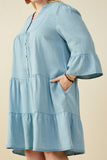 HY9054W Light Denim Plus Washed Button Detail Ruffle Sleeve Tencel Dress Detail