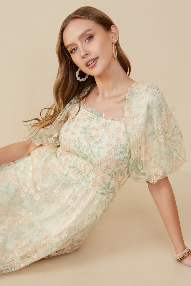 Tiered Mesh Lace Floral Dress