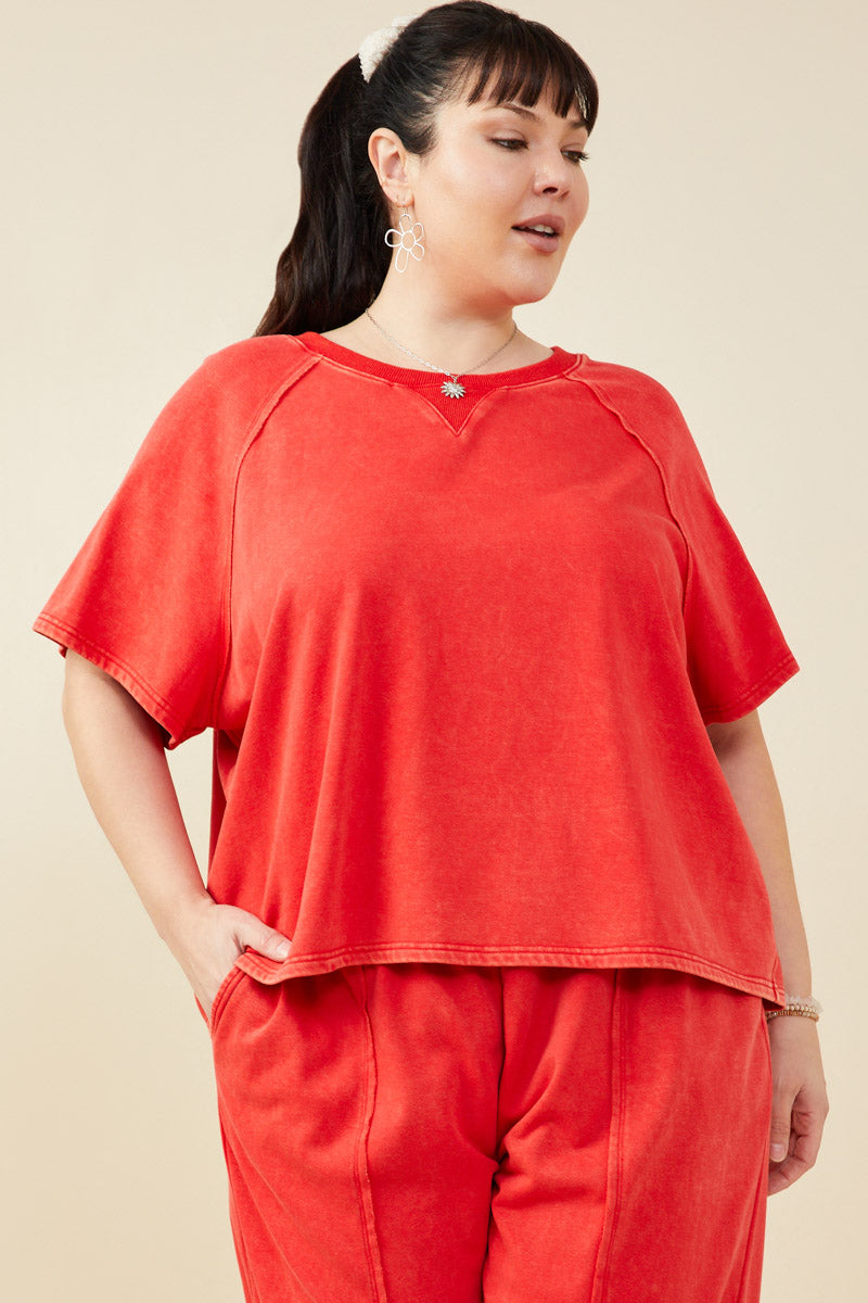HY9358W Red Plus Washed Short Sleeve Knit Sweatshirt Front