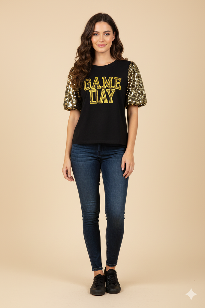 HY9581 Black Womens Gameday Contrast Sequin Sleeve Jersey T Shirt Pose