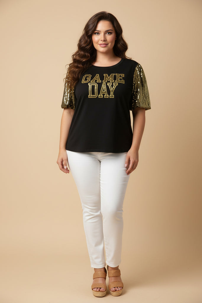 HY9581W Black Plus Gameday Contrast Sequin Sleeve Jersey T Shirt Pose