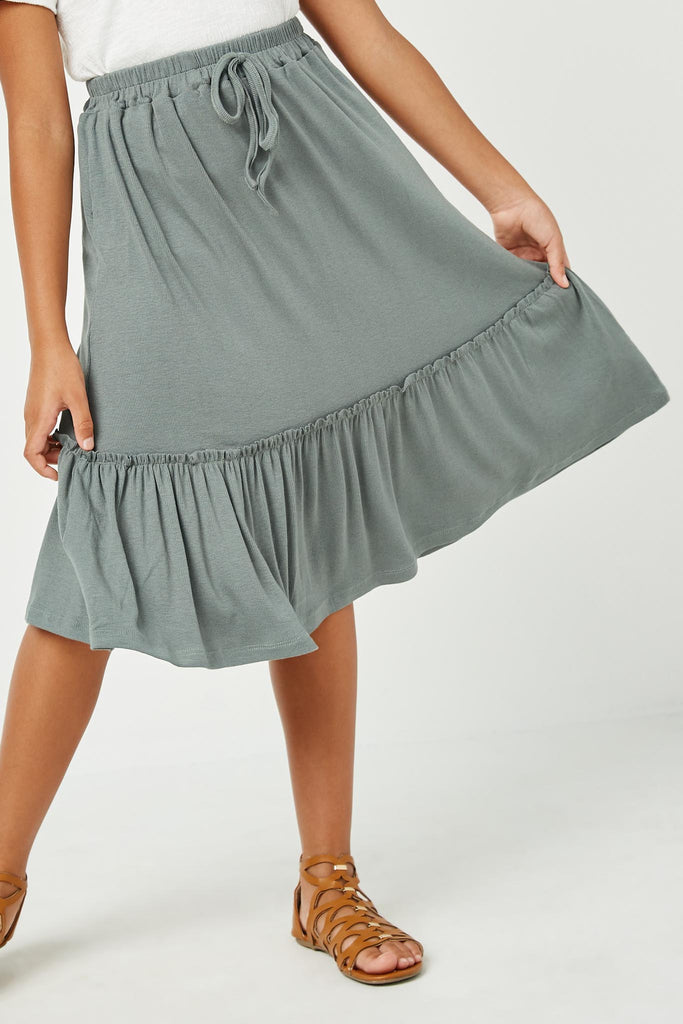 GJ3525 GREEN Girls Ruffled Knit Elastic Waist Midi Skirt Front