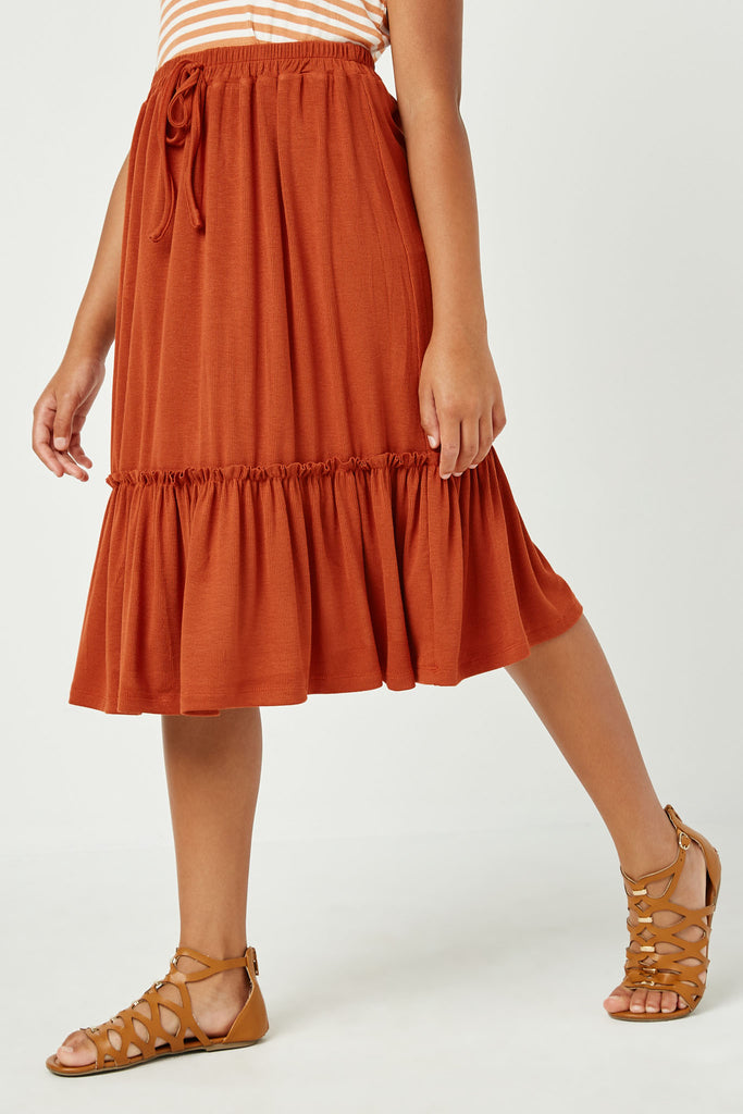 GJ3525 RUST Girls Ruffled Knit Elastic Waist Midi Skirt Front