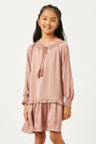 GN4196 MAUVE Girls Satin Look Smocked Cuff Tie Neck Dress Front