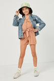 GN4708 MAUVE Girls Button Up Belted Tank Romper Full Body 2