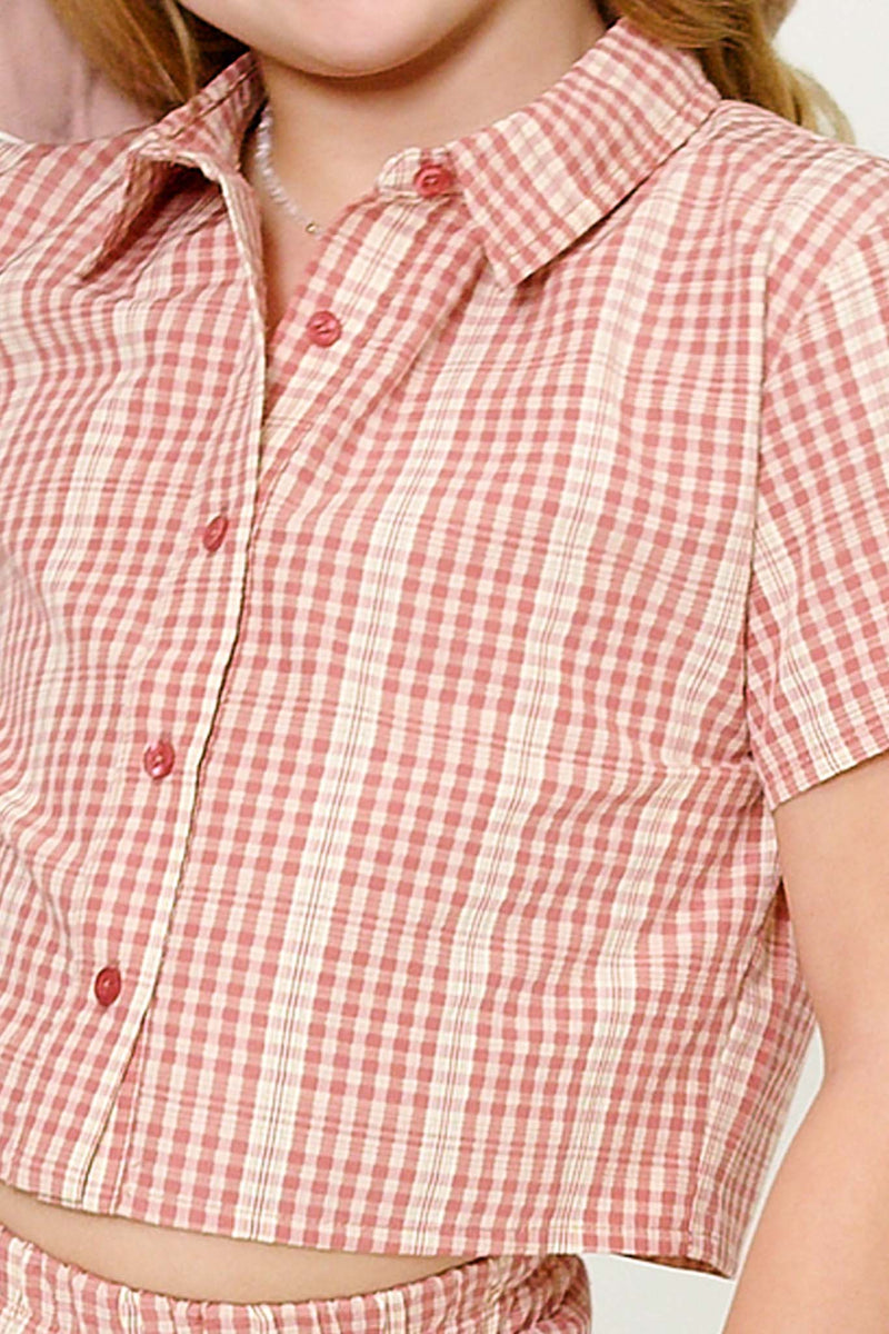 GY5963 Mauve Girls Textured Gingham Cropped Collared Button Up Shirt Detail