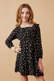 GY6498 Black Girls Ditsy Butterfly Print Ruffled Square Neck Dress Front