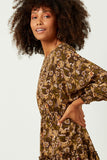 HY5105 OLIVE Womens Printed Dolman Sleeve Tiered Skirt Dress Detail