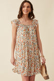Womens Floral Ruffle Sleeve Smock Detail Dress