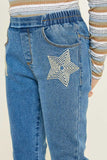 DG1006 Mid Denim Girls Star Embroidered Ram Hem Jeans Detail