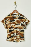 G10005-TAUPE Camo Ruffle Sleeve T-Shirt Front