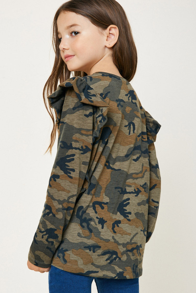 Camo Ruffle Long Sleeve Top
