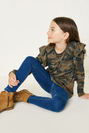 G10008-CAMO Camo Ruffle Long Sleeve Top Alternate Angle