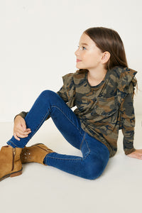 G10008-CAMO Camo Ruffle Long Sleeve Top Alternate Angle