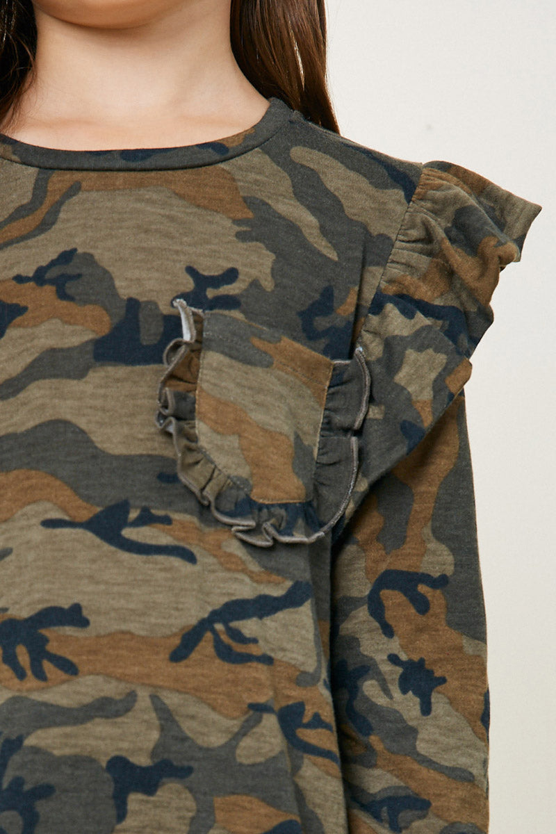G10008-CAMO Camo Ruffle Long Sleeve Top Front Detail