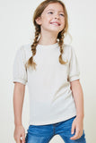 G10034-CREAM Ribbed Puff Sleeve T-Shirt Front