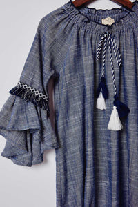 G11038-NAVY Bell Sleeve Tassel-Tie Mini Dress Front Detail