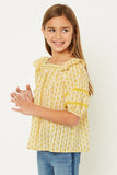 G11090-MUSTARD Printed Puff Sleeve Top Front