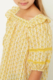 G11090-MUSTARD Printed Puff Sleeve Top Front Detail