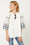 G11105-OFF WHITE Embroidered Sleeve Tunic Top Front