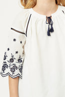 G11105-OFF WHITE Embroidered Sleeve Tunic Top Front Detail