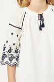 G11105-OFF WHITE Embroidered Sleeve Tunic Top Front Detail