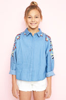 G2110 Denim Girls Embroidered Button Up Shirt Front