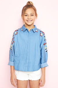 G2110 Denim Girls Embroidered Button Up Shirt Front