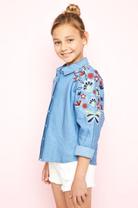 G2110 Denim Girls Embroidered Button Up Shirt Side