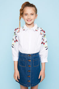 G2110 Off White Girls Embroidered Button Up Shirt Front