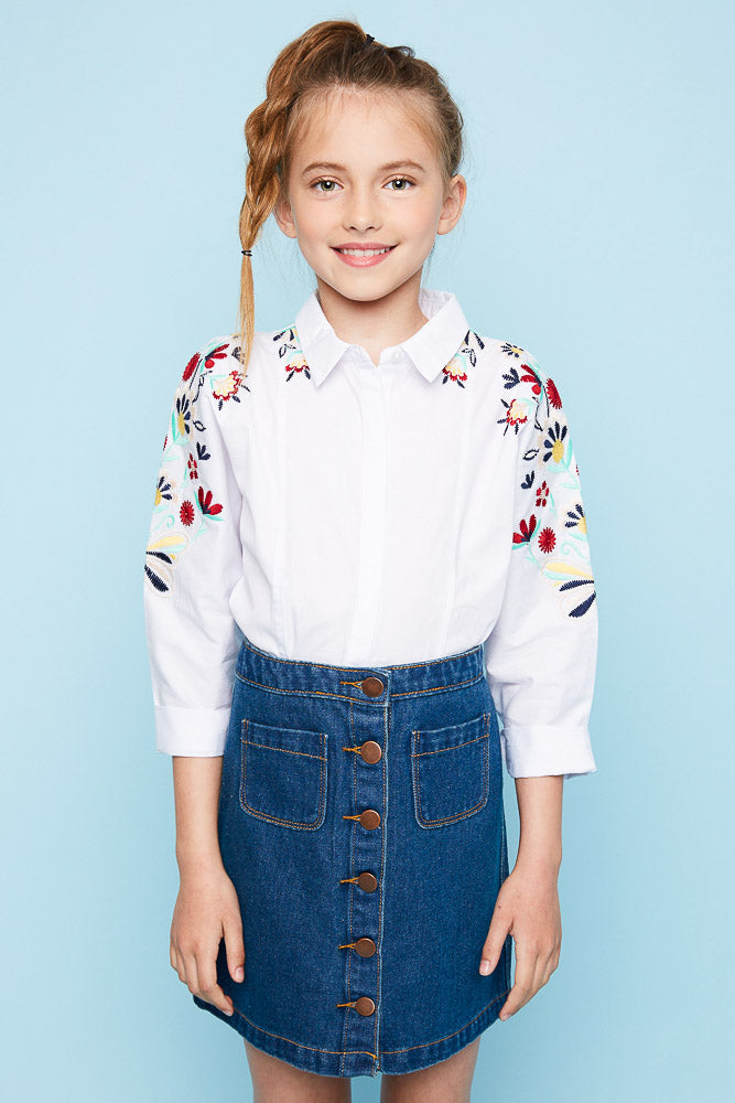 G2110 Off White Girls Embroidered Button Up Shirt Front