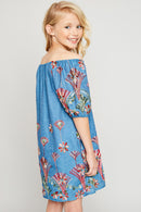 G2136 MID DENIM Denim Embroidered Dress Front