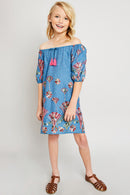 G2136 MID DENIM Denim Embroidered Dress Alternate Angle