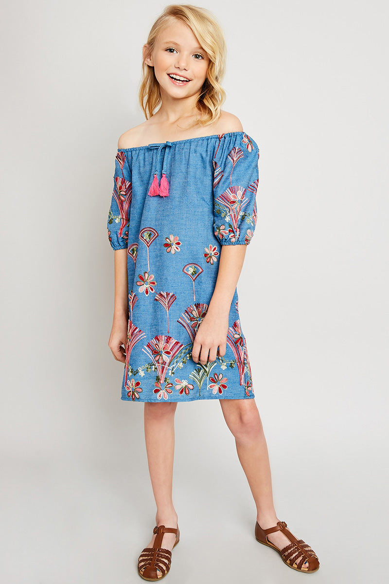 G2136 MID DENIM Denim Embroidered Dress Alternate Angle